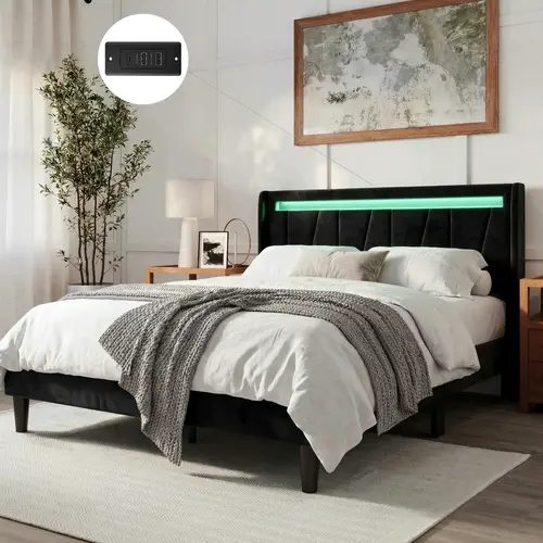 HOOMIC Full/Queen/King Size LED Bed Frame with Charging Station, Velvet Upholstered Platform Bed, Geometric Wingback Headboard – No Box Spring Needed, Easy Assembly, White/Black/Grey