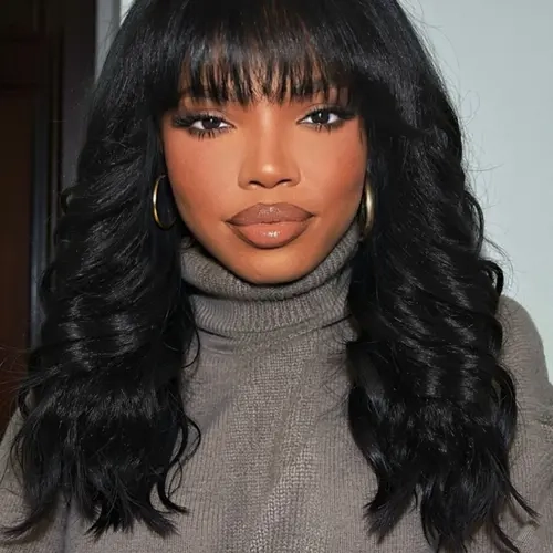 Elegant Yaki Curly Wave Mid-Length Wigs with Bangs, Tang Long Fiber, Rose Net Cap, 150% Density, Suitable for All Seasons, Synthetic Wig, Curly Wavy Wig, Synthetic Machine Wigs, Synthetic Hair Wigs