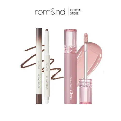 rom&nd Cosmetic Single Item Makeup Set - Cream Nude Lip Combo (4.0g Jojoba Oil-Infused Glossy Gloss, 0.5g Lip Pencil), Creamy Texture, Defines Shape, Plumping Lipstick Effect for Natural Fullness