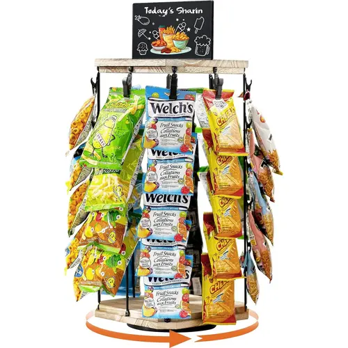 MOVATEK 360° Swivel Wooden Snack Stand - 5-Tier Home Organizer with 40 Clips, Adjustable Shelves, Sturdy Antislip Base, Message Board, Rounded Edges Safer, Metal Display Shelf, Box Packaging, Fits Office Home Kitchen Countertop Concession/Party Use