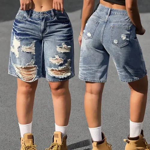 Women's Ripped Casual Distressed Vintage Light Wash Denim Jeans Capri Pants, Fashionable Trendy Vibe Ripped Design, Comfortable Slimming Loose Fit, Casual Versatile Choice, Bottoms