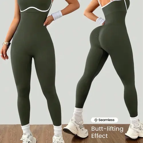 Women's Seamless Double-Strap Gym Tight Fitting Jumpsuit, Colorblock Tummy-Control & Butt-Lifting Jumpsuit, High-Stretch Sportswear
