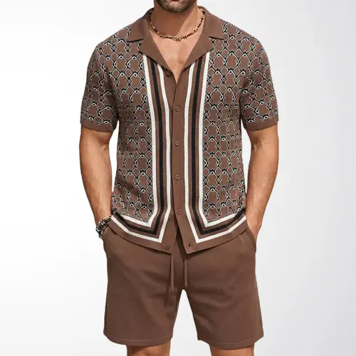 KZZ Men's 2-Piece Cuban-Collar Knit Matching Set - New Summer Collection, Geometric Jacquard Short-Sleeve Cardigan & Shorts, Fitted Fashion Casual Menswear