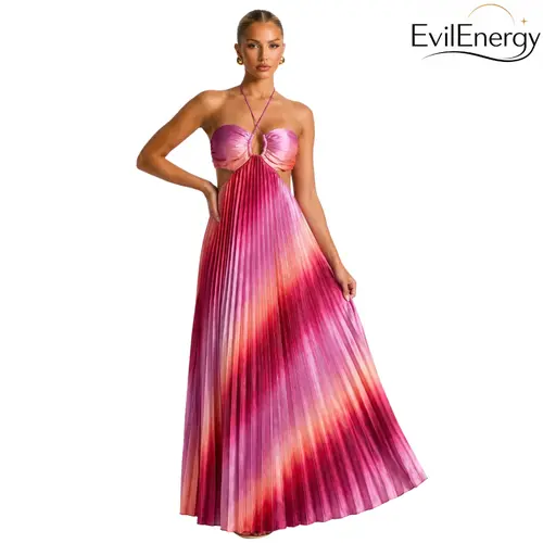Women’s Pink Ombre Pleated Satin Maxi Dress, Halter Neck Cutout Backless Tie-Back Formal Wedding Guest Dress, Vacation & Party