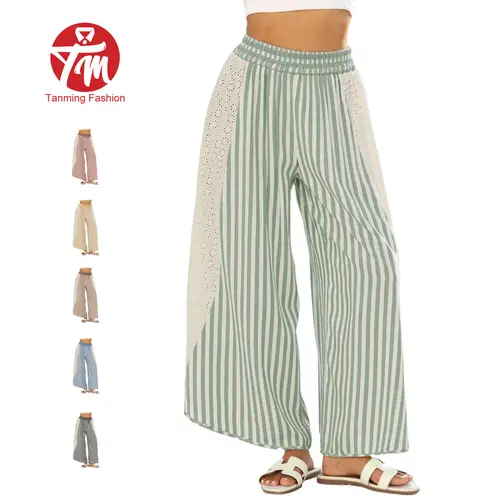 Tanming Womens Bohemian Striped Palazzo Pants - High-Waisted Crochet Lace Casual Wide-Leg Trousers - Spring Summer Fall Beach Vacation Travel