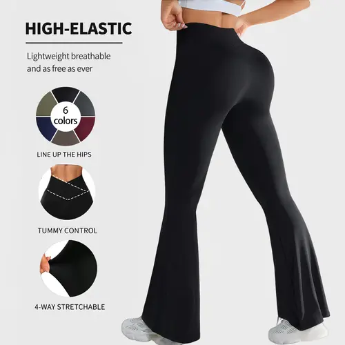 Women's High Waisted Soft Stretch Crossover Waist Quick Dry Bootcut Leggings - Tummy Control, Compression Athletic Sports Bottoms for Yoga, Gym Workout All-Seasons Casual Wear