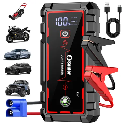 Soulor  Portable Car Jump Starter 12V Battery Booster Power Bank with LED Emergency Light LCD Display Smart Jumper Cables for Cars SUVs Trucks
