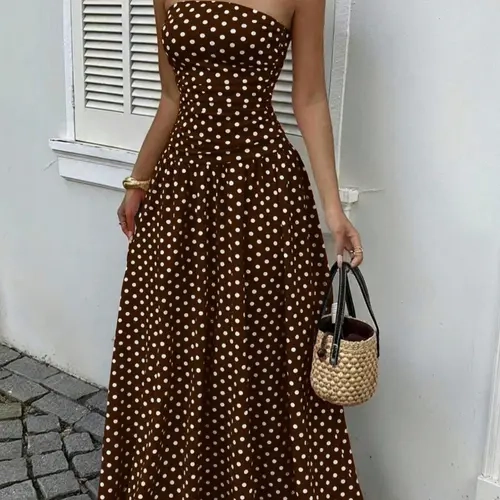 Women's Polka Dot Strapless Dress, Slim-Fitting Casual Sun Dress, Long Sundress, Casual Summer Sundresses, All-Season Fashion Style, Women's Clothing, Summer, Womenswear