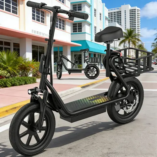 Electric Scooter for Adults with Seat,48V 10.4Ah Battery, Top Speed 22 mph, Driving Range 21-27 Miles, Pet-Friendly Design with Rear Basket.SummerWins,Father's Day Gife