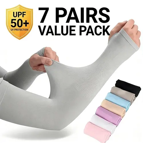 Unisex 7-Pair UV Protection Sports Arm Sleeves with Thumb Holes, Soft Breathable Arm Cooling Cover for Driving, Golf