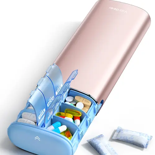 Vaydeer Rose Gold Metal 14-Compartment 7-Day AM-PM Pill Organizer - Secure Airtight Moisture-Proof Travel-Size Box with Desiccant, 14 Large Slots Keep Meds Sorted, Holds Up to 42 Pills, Prop 65 Compliant for Parents’ Vitamins/Medications