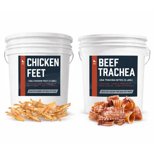 Happy Chewer Bucket Bundle - Beef Trachea Bites (5 Pounds) and Chicken Feet (5 Pounds) - Huge Bulk Dog Chew Deal! - Single-ingredient, Air-Dried Dog Treats - High in Glucosamine and Chondroitin to Support Healthy Joints - Great for Dogs of All Sizes Summe