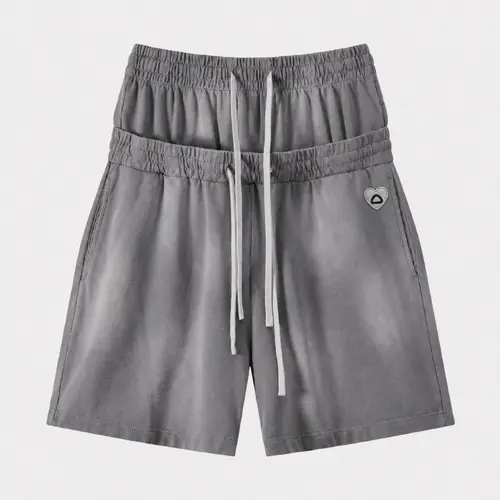 AELFRIC EDEN Men's Vintage Washed Cotton Baggy Classic Black Shorts - Adjustable Double-Layer Drawstring Waistband, Pockets, Frayed Style, Heart Embroidery, Men's Streetwear Casual Bottoms