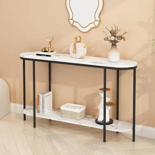 Karlhome 2-Tier Modern Accent Console Table - White Round Faux Marble Finish Tabletop, Black Metal Frame, Storage Shelves, White-Black Rectangle Indoor Furniture, Modern Home Decor, Assembly Required, Entrance Foyer Use
