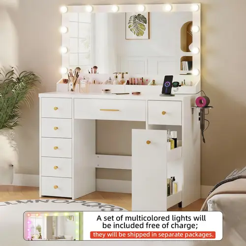 LAKEMID Stable Makeup Vanity with Mirror - 7-Drawer Organizer, Illuminated 12-LED Panel with 3 Color Settings, Complimentary Multi-Color Light Set, Pull-Out Double-Tier Storage Cabinet (White, Modern & French Country Style, Assembly Required)