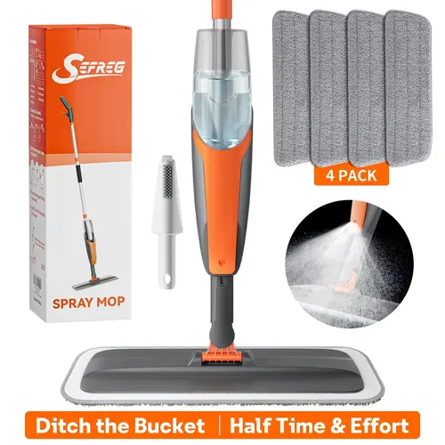 AIR U Durable Long Wand Microfiber Spray Mop with Aluminum Pole, 360° Swivel Head, 420ml Detachable Refillable Tank, 4 Washable Pads, 1 Scraper, 1.21lb Home Care Supply for Hard Floors (Hardwood, Tile) with Wet/Dry Clean & 140°F Warm Wash Compatibility