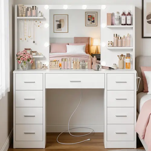 44.5" Makeup Vanity Desk with Lights - Sturdy Rectangular MDF Freestanding Furniture, 3 LED Light Modes, Touch-Switch, Anti-Tip Safety, Built-In Power Strip Sockets, 9 Drawers, Storage Shelves, Bedroom Use, Assembly Required