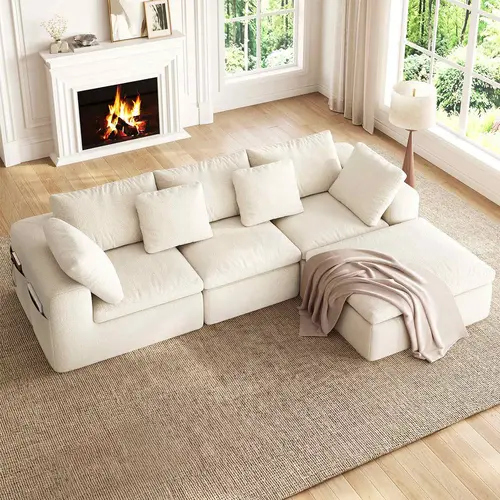 Sikaic 109" Modular Sectional Sofa with Ottoman, Convertible L-Shape Cloud Couch for Living Room, Chenille Deep Seat Sleeper with Storage Pockets, Beige Modern Upholstered Sofa L Shaped Sofas Boneless Couches