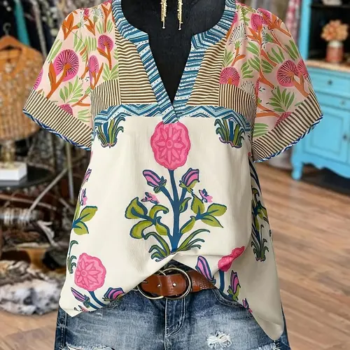 Plus Size Women's Bohemian Floral Patchwork Short-Sleeve V-Neck Blouse, Loose-Fit Boho Top for Summer Daily Wear