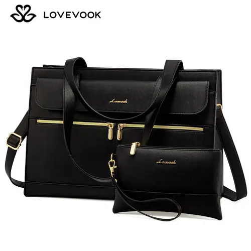 LOVEVOOK September Limited-Time Promotional Discounts 15.6" Laptop Tote Bag for Women - Waterproof Vegan Leather Business Work Bag with Clutch & 2 Cup Holders  Suitable for the workplace, office, and casual wear