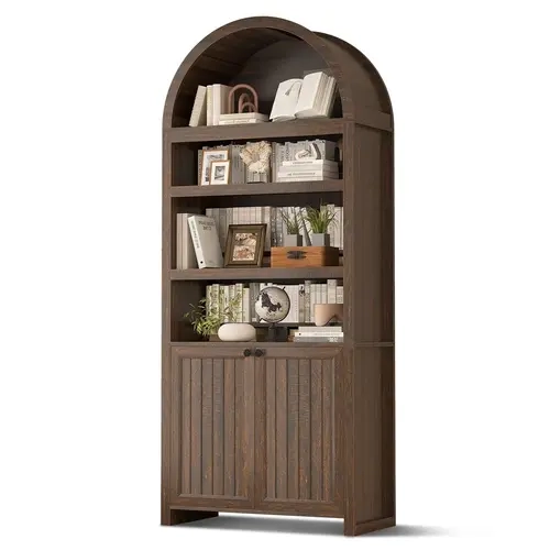 SIKAIC 81 Inch Tall Arched Bookcase with Doors, 6 Tier Walnut Bookshelf with Storage for Living Room and Home Office