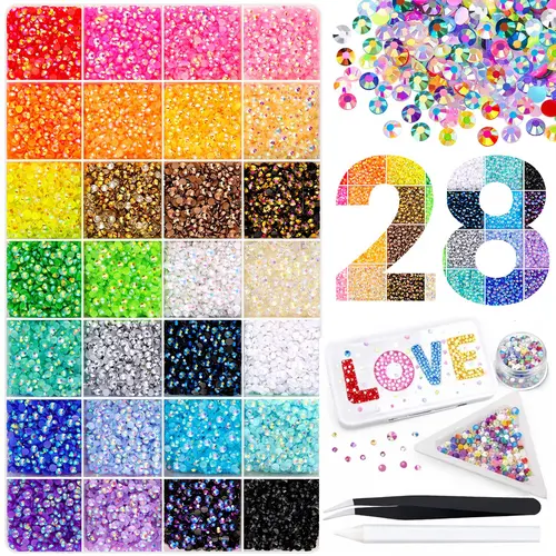 32000 Pcs 3mm Flatback Shining Rhinestones - 28 Peacock & Neutral Chic Colors, Tweezers & Box Included, Manicure Art Nail Kit, Sparkly Rhinestones Assortment for DIY Projects & Dazzling Looks