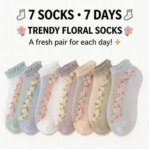 Women's 7-Pair Stretchy Sheer Floral Mesh Ankle Socks - Breathable, Elastic, Thin Transparent Ruffle, Lace Print, Elegant Soft Fit for Summer, Everyday Pairing with Dresses for Women