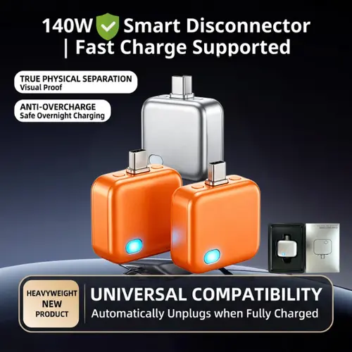 TypeC Hexibii 140W Physical-Disconnect Battery Guard - Auto & Self-Eject Charger, Smart Auto-Stop Accessory for iPhone 15/16/17/18 Series (Including Pro Mod) , Laptops, Tablets, Safe Night Charging Auto Cut-Off, Smartphone,gift,summerwins,smart power cut