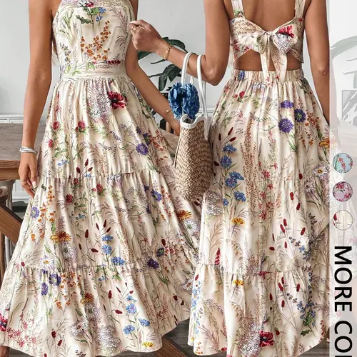 Women's Floral Print Aesthetic Backless Midi Dress, Tie-Bow Detail, Elastic Waist, Square Neck Sleeveless Summer Casual Chic Dress for Vacation & Daily Commute