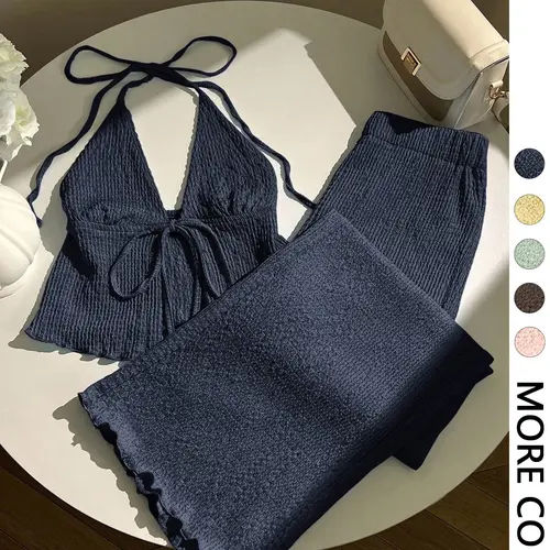 Women's Textured Halter Top & Wide Leg Pants Co-ord Set, Deep V Neck, Front Tie Detail, Elastic Waist, Ruffled Hem, High Stretch Crinkle Knit Fabric, Daily Casual Vacation Beach Date Wear