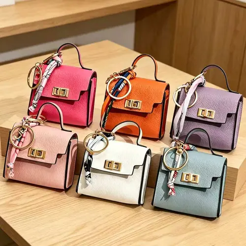Girly Purse Accessories Small Square Leather Bag Pendant Keychain - High-Quality Durability Leather, Colorful Strap, Trendy Bag Charms, Mini Things for Mini Purse, Festive Party Gift for Keys & Cars