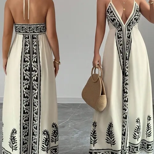 Women's Floral Deep V-Neck Halter Dress with Lining — Sexy, Elegance, Loose-Fit Boho Fashion Dress Bohemian Casual Wear Summer Attire | Beachwear Dress Campus Style & Beach Vacation Wear
