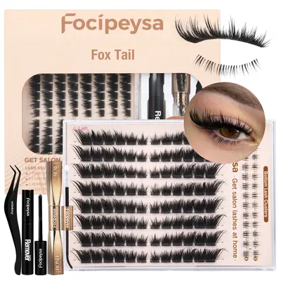 Focipeysa Fluffy FoxTail Lash Clusters | LC Curl Fox Eye Lash Clusters | Natural, Wispy, Ultra-Dense | Beginner-friendly,  Get Flawless Salon Extensions at Home| Lash Kit with Bond and Seal, Complements All Makeup Looks