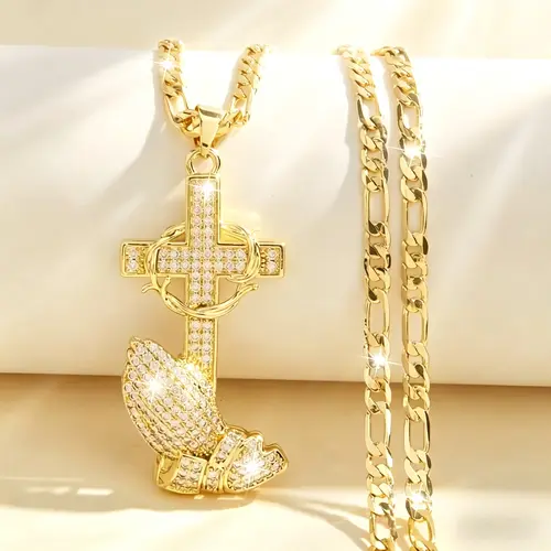 Women's Elegant 14K Gold Plated Boho Cross Pendant Necklace - Prayer Hand Design, Sparkling Zirconia, Durable Chain, Christian Jewelry, Crucifix Necklaces, Jewelry for Women, Gold Aesthetic, Religious Accessory for Weddings