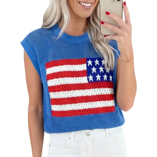 Asvivid Women's Crochet Flag Knit Sweater - Graphic Sleeved, Loose Round Neck Garment, Casual Lady Knitwear, Summer Women's Clothes Fashion Top