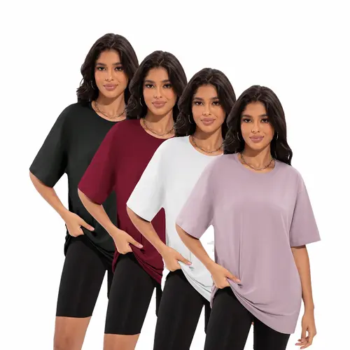 Women's 4-Pack Oversized Round Neck Athletic T-Shirts - Loose-Fit Plus Size Workout Tops, Machine Washable Athleisure Sports Tops, Cool Cut for Movement, Summer Daily Essentials