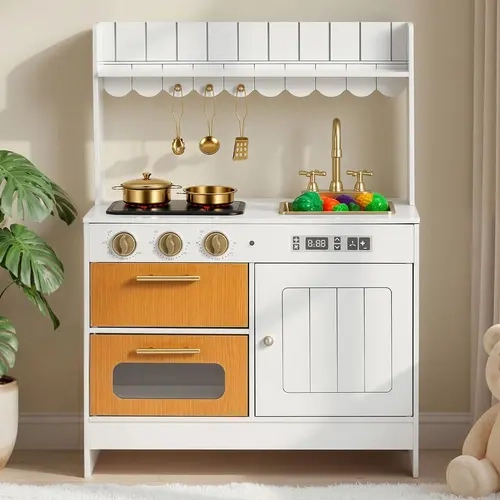 VEVOR BPA-Free Wooden Toddler Pretend Cooking Set - Kids Kitchen Playset with 6-Zone Pretend Play, 360-Degree Rotating Faucet (360° Faucet Spin), Real Lights & Sounds, Sink, Oven, Stove, Cabinet, Food & Cookware Accessories, for 3-8 Ages, Ideal Gift