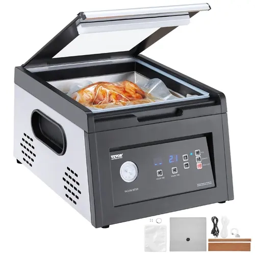 【Fallpicks】VEVOR Stainless Steel Chamber Vacuum Sealer - 380W Pump, 11.5in Seal Length, Compact, 90L Capacity, Adjustable Time, 12.87 x 12.20 x 3.15 in, Powder & Paste Ok, Juicy for 5x Longer, Multi-Function Home Sealer for Wet Foods & Meat