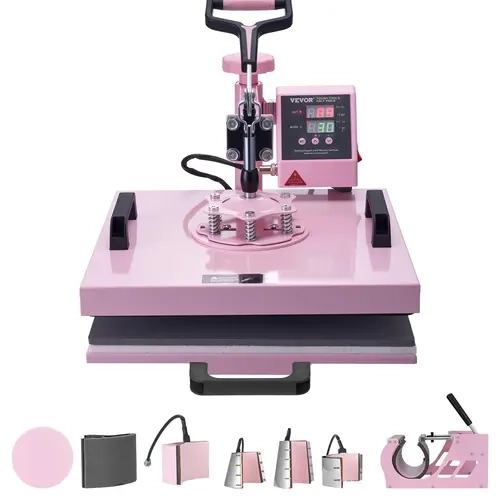 【Fallpicks】VEVOR 15x15 in 8-in-1 Heat Press Machine, Craft Supplies for Adults, 6-30 oz Ceramic Tumbler Attachment, 360° Swing Away Swing-Arm, 360° Safe Access T-Shirt Pressing, Digital Precise Control, Dual Insulation Burn Protection, Pink