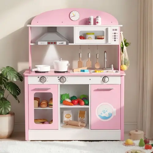 【ChristmasGift】VEVOR Phthalate-Free Toddler Kitchen (Toys for Toddlers), Ready-to-Play Kitchen & Food Toys Set with Real Lights, Sounds, Drink Dispenser, Hooks, Microwave, Oven, Clicking Knobs, Cookware, Batteries, Pink SohoChic, Gift Ideas for Kids, Ages