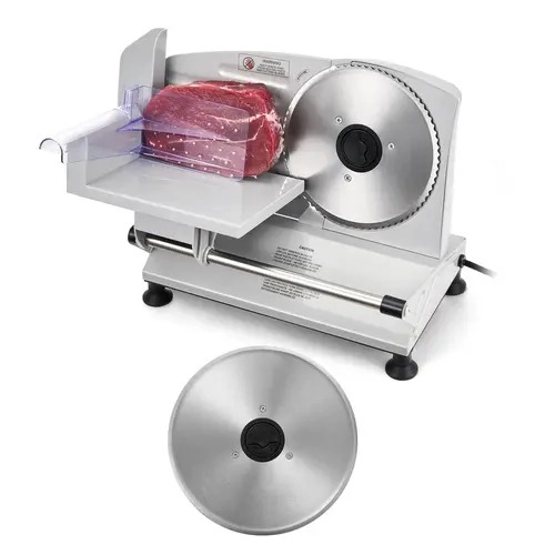 VEVOR 150W Stainless Steel Electric Meat Slicer for Home Use, 6.7in Compact Deli Slicer with Dual SUS420 Adjustable Blades, Carriage Tray, Blade Guard, Safety Lock, Foldable Design, 0-0.6in Thickness, 150W Motor, ETL Certified, Washable, Cuts Vegetables