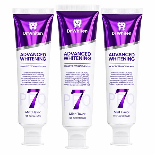 DrWhiten New 7-Pro Probiotic Purple Toothpaste, 7 Probiotic Formula, Peroxide Free, Purple Color-Correcting Neutralizes Yellow Tones, Mint Grape Flavor, Long-Lasting Freshness 4.23 oz