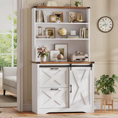 SEDETA Sturdy 31.5-Inch 2-Drawer Farmhouse File Cabinet (31.5" w x 65" h) - Engineered Wood Office Printer Stand with Storage Shelf, Sliding Doors, Bookshelf, Anti-Tip Kit, Fits Letter/A4/Legal Hanging File Folders for Home Office