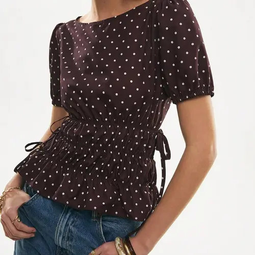Polka Dot Pleated Peplum Top, Vintage Bubble Sleeve Drawstring Waist Adjustable Top, Retro Millennial Casual Commute Top, Elegant Slim Fit Top Blouse Shirts Womenswear, Bubble Sleeves Top