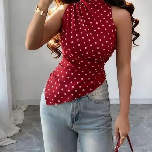 Polka Dot Ruched High Neck Sleeveless Top, Y2K Retro Asymmetrical Hem Slim Fit, Women's Date Night Top, Vintage Casual Office Wear, Slimming Party Short Top, Casual Elegant Sleeveless, Sleeveless Tank Tops, Womenswear
