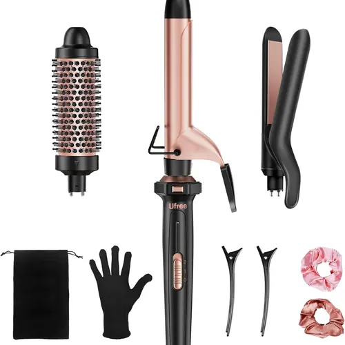 3-in-1 Ceramic Hair Styling Set - Adjustable Curling Wand (1 in), Ceramic Curlers, Frizz-Control Flat Iron, ABS Thermal Brush, Dual Voltage Travel Tool with Chic Storage Pouch for Everyday Use