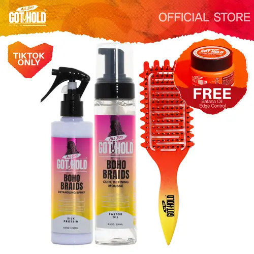 ALL DAY GOT HOLD Boho Braids Care Kit - 4-Piece Lightweight Cruelty-Free Haircare Set with Brush, Braiding Gel for Curl Defining, Frizz Control, Detangle, Wavy Hair for Adults | Hair Products