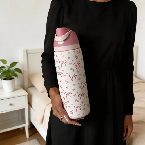 Rose Bowknot Stainless Steel Insulated Cup, 24oz/32oz/40oz, Dual Layer Cold Retention, Includes Straw, Travel Mug, Outdoor Sports Bottle, Insulated Tumblers
