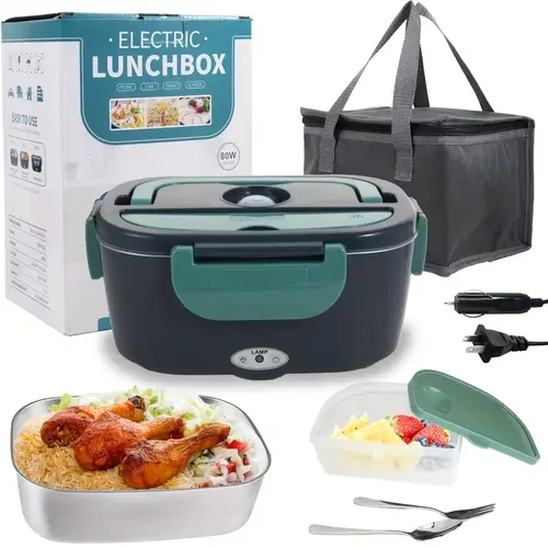 Stainless Steel Thermal Leakproof Lunch Box 50.72oz - 110V Home, 12V/24V Car Portable Food Warmer, W/ Fork & Insulated Bag, for Truck Drivers, Office, Travel (Fast Heating), Thermal Lunch Box