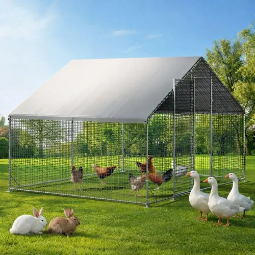 Petony 13.1x9.8x6.6ft Galvanized Steel Metal Chicken Coop - Heavy-Duty Backyard Enclosure with Mesh Netting, Anti-UV Cover, Security Lock, Square Frame, Sloped Roof Drains, Predator-Weather Resistant for Goose,Duck (No Battery Required)